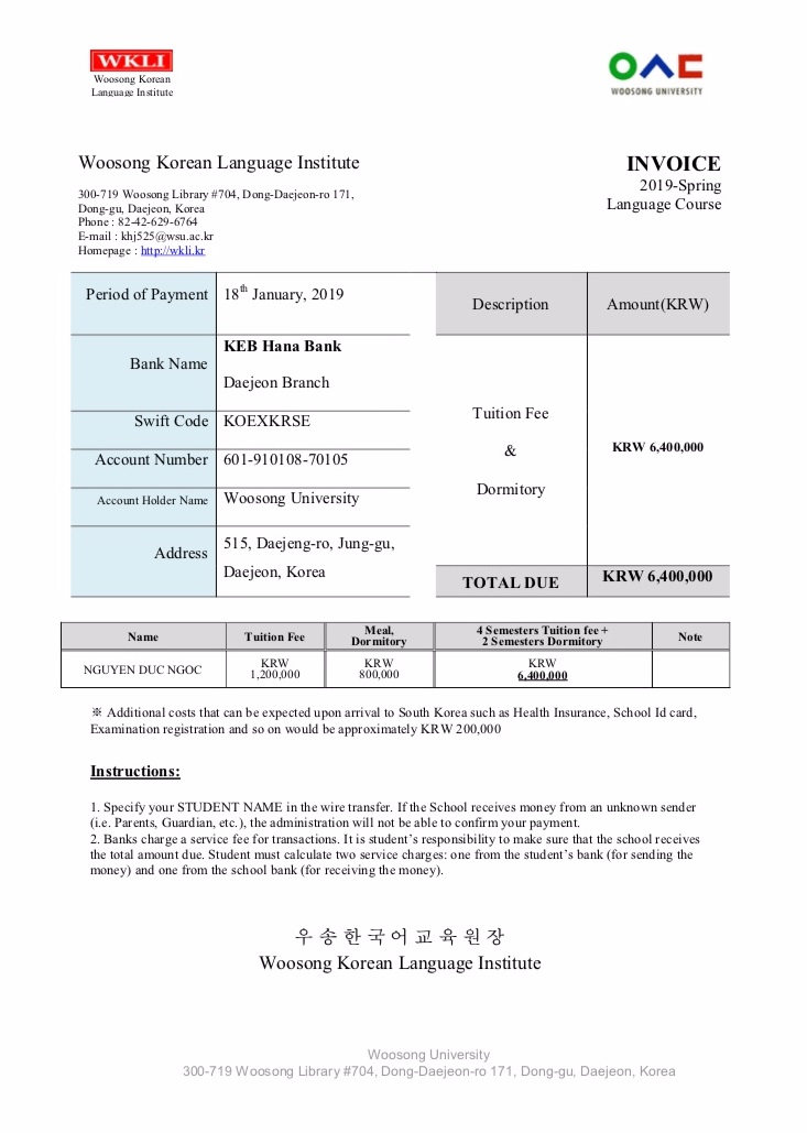 Invoice của trường đại học Woosong