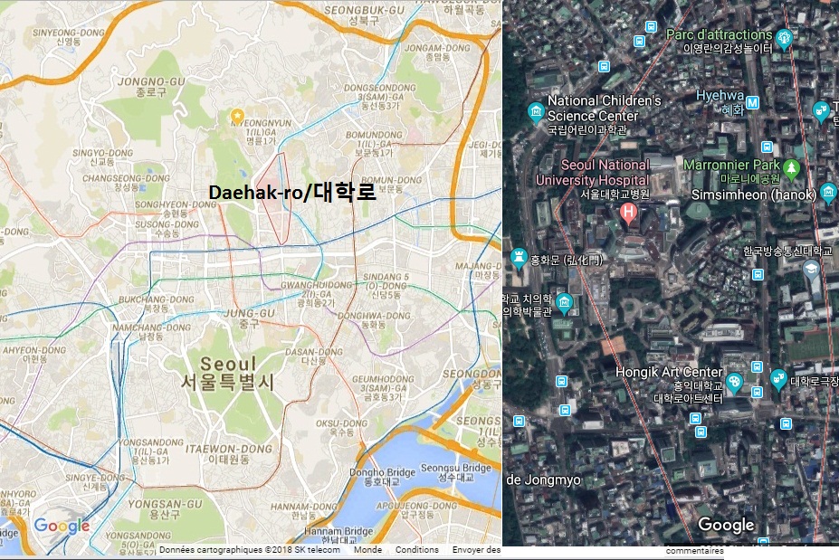 Vị trí trên bản đồ và ảnh về tinh khu vực đường Daehak-ro/대학로