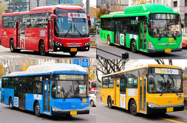 Xe buýt ở Hàn Quốc, cụ thể là ở Seoul được phân loại theo màu