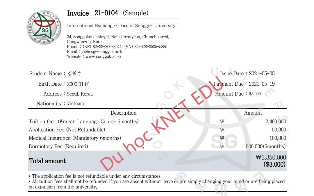 Invoice học phí học tiếng Hàn 6 tháng của đại học Songgok