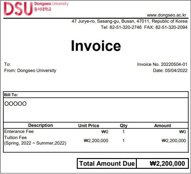 Invoice đại học Dongseo của du học sinh Knet