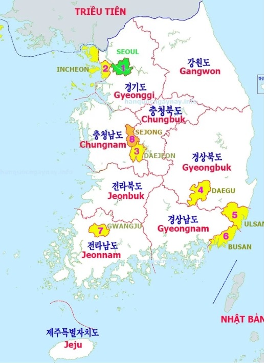 Bản đồ các tỉnh, thành phố của đất nước Hàn Quốc